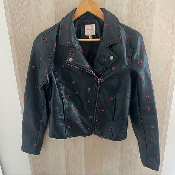 Candie's Black Faux Leather Jacket with Red Embroidered Hearts - Picture 2 of 7